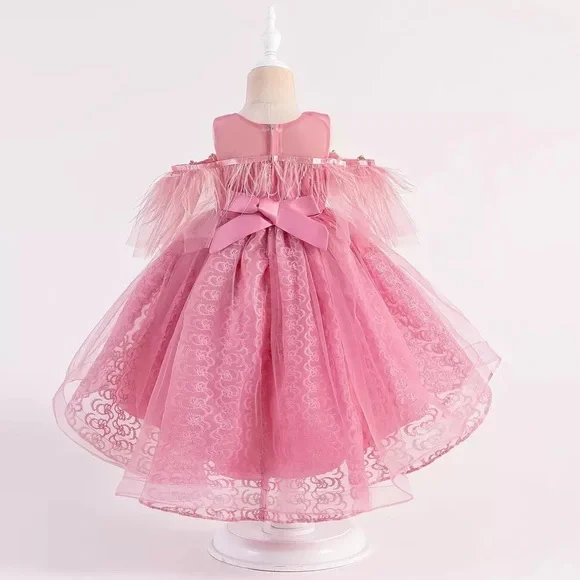 Luxury Pink Feather Lace Embroidered Dress 5046 - Picture 3 of 7